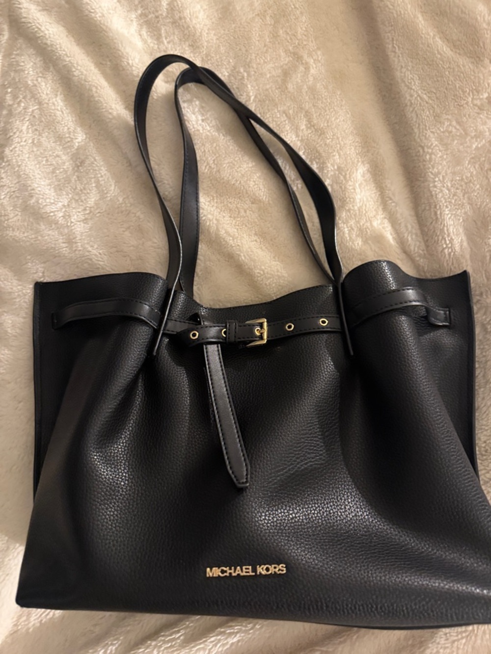 Michael Kors Black Pebbled Leather Tote with Gold Logo